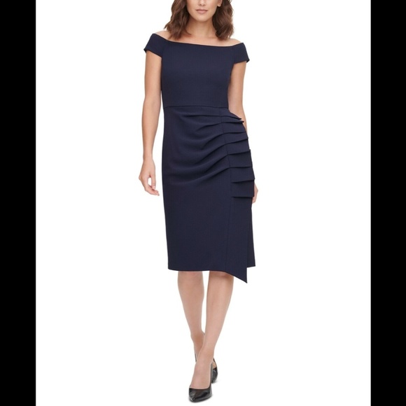 NWT Eliza J [ 6 ] Off the Shoulder Pleat Ruched Dress‎ in Navy Blue - Picture 2 of 12